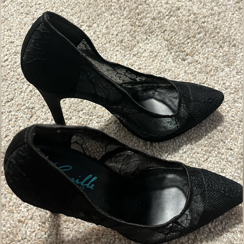 All black lace fabric heels